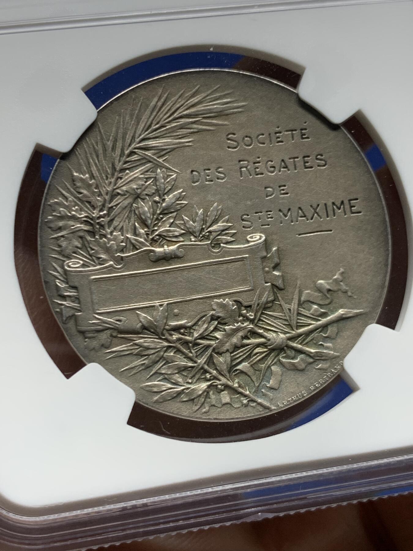 《竞宝斋》第455场 周日，周一 2场连拍 （全场包邮，欢迎送拍） NGC MS60 法国圣马克西姆帆船协会银章 36mm 野猪头银标