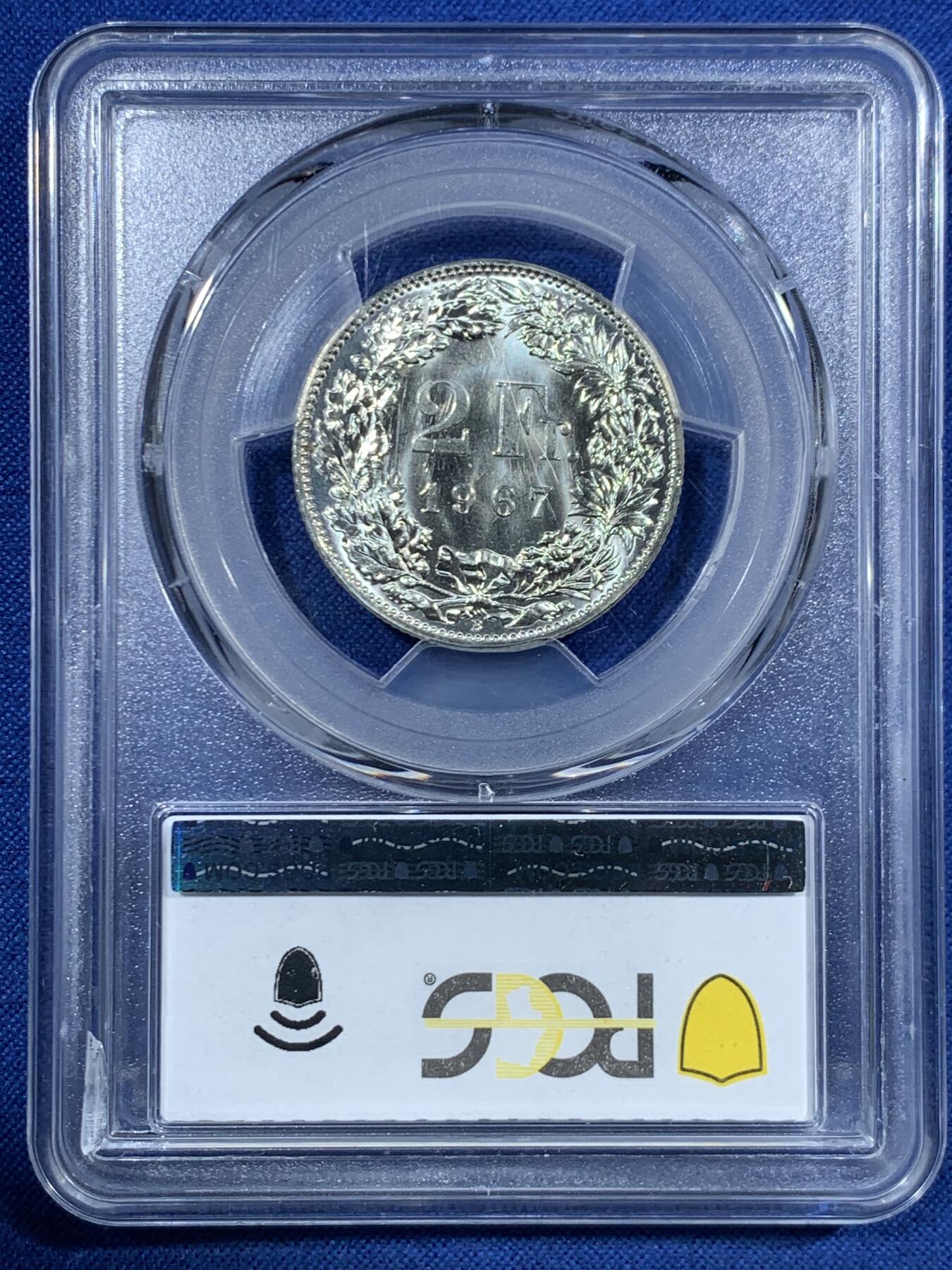 《竞宝斋》第455场 周日，周一 2场连拍 （全场包邮，欢迎送拍） 三枚一组 3每一组 PCGS MS67 瑞士1967年雪山女神1/2法郎-2法郎银币（2法郎的背面支撑有磕）