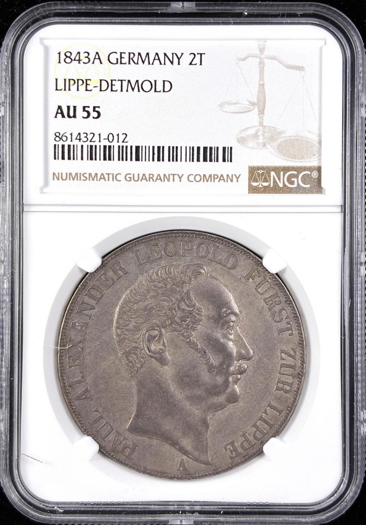 【雨安】【直播拍卖】【第0123期-评级币章】2026-01-10 周六 19:30 [评级德国] Germany 德国 德意志 2泰勒 Lippe-Detmold利珀 Thun.212 KM#0250 (1843) 1843年  NGC-AU55 原味淡美包浆