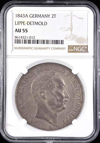 【雨安】【直播拍卖】【第0123期-评级币章】2026-01-10 周六 19:30 - [评级德国] Germany 德国 德意志 2泰勒 Lippe-Detmold利珀 Thun.212 KM#0250 (1843) 1843年  NGC-AU55 原味淡美包浆