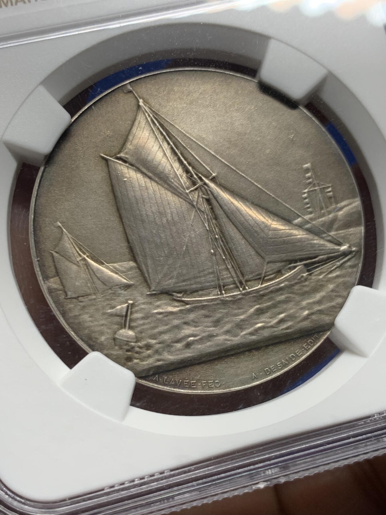 《竞宝斋》第455场 周日，周一 2场连拍 （全场包邮，欢迎送拍） NGC MS60 法国圣马克西姆帆船协会银章 36mm 野猪头银标