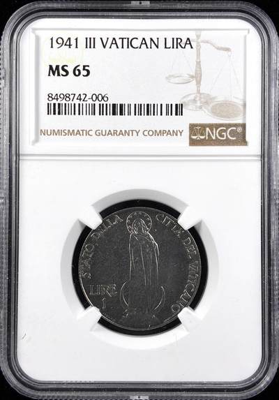 【雨安】【直播拍卖】【第0123期-评级币章】2026-01-10 周六 19:30 - [评级欧洲] Vatican 梵蒂冈 1里拉 1941年  NGC-MS65