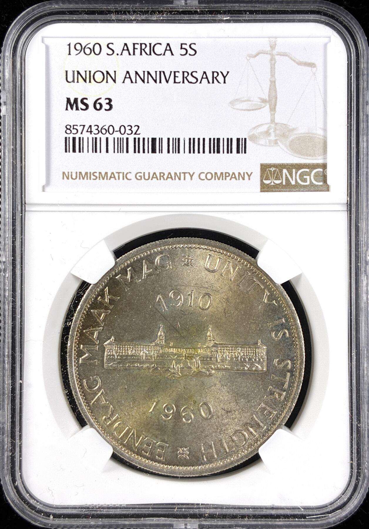 【雨安】【直播拍卖】【第0123期-评级币章】2026-01-10 周六 19:30 [评级非洲] South Africa 南非 5先令 1960年 南非联盟50周年  NGC-MS63
