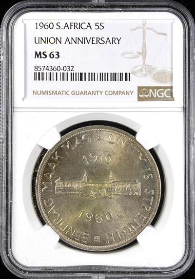 【雨安】【直播拍卖】【第0123期-评级币章】2026-01-10 周六 19:30 - [评级非洲] South Africa 南非 5先令 1960年 南非联盟50周年  NGC-MS63