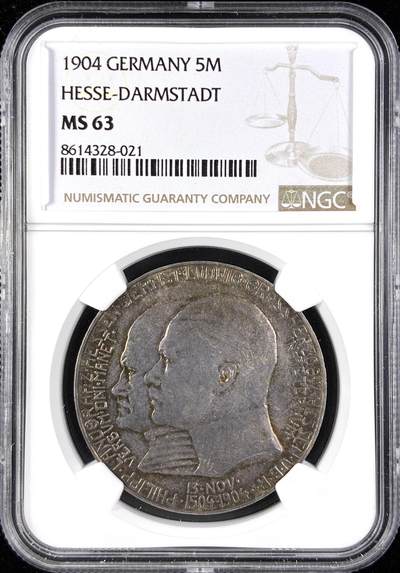 【雨安】【直播拍卖】【第0123期-评级币章】2026-01-10 周六 19:30 - [评级德国] Germany 德国 帝国 J.075 黑森-达姆施塔特 5马克 (1904) 腓力一世400周年 1904年  NGC-MS63