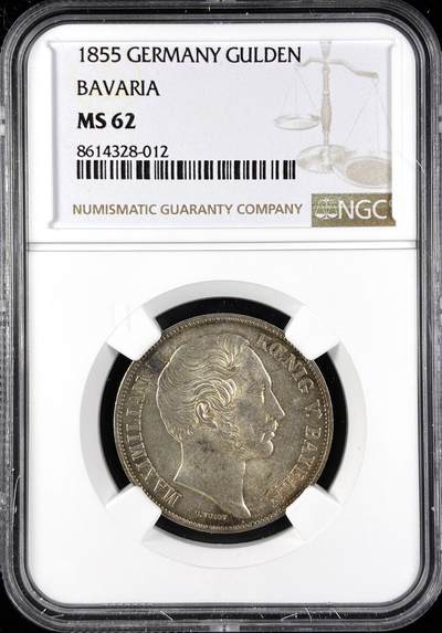 【雨安】【直播拍卖】【第0123期-评级币章】2026-01-10 周六 19:30 - [评级德国] Germany 德国 德意志 1盾 Bavaria巴伐利亚 KM#0826 (1848-1864) 马克西米利安二世 1855年  NGC-MS62