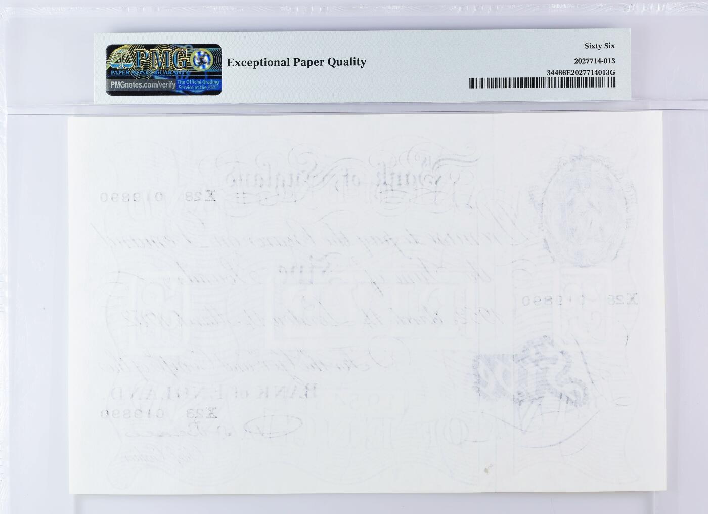 【Blue Auction】世界纸币精拍第772期——18级TOP拍卖/信誉/品质/专业/高效💫 【倒置号 仅1张更高分】英国 1949-55年5镑 白色英镑 超大票幅 满版水印 PMG66EPQ