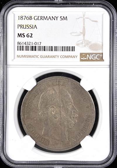 【雨安】【直播拍卖】【第0123期-评级币章】2026-01-10 周六 19:30 - [评级德国] Germany 德国 帝国 J.097 普鲁士 5马克 (1874-1876) 威廉一世 1876年B  NGC-MS62 原味均匀老包浆