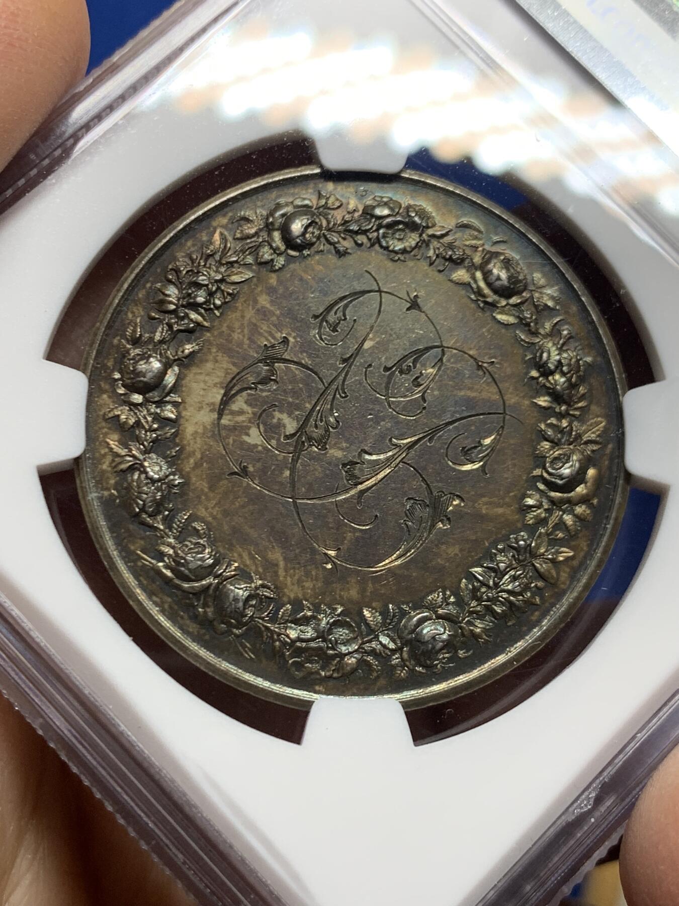 《竞宝斋》第455场 周日，周一 2场连拍 （全场包邮，欢迎送拍） NGC MS62 法国结婚银章 37mm 丰饶角银标