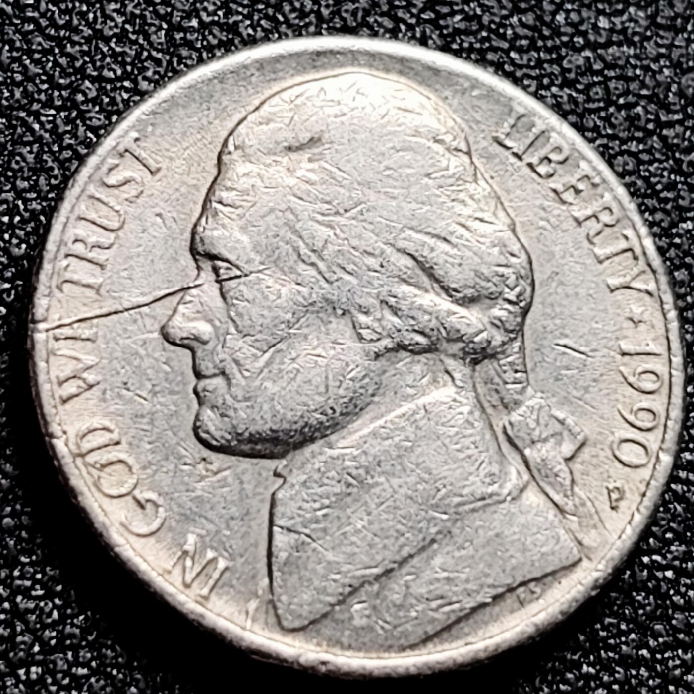 泉币菌-第165场-新年第八场 精品福利场 杰斐逊总统 美国5美分1990年 铜镍币 21毫米5.0克