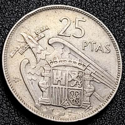 泉币菌-第165场-新年第八场 精品福利场 - 弗朗西斯科佛朗哥 西班牙1957年25比塞塔銅镍硬币26.5mm8.5g