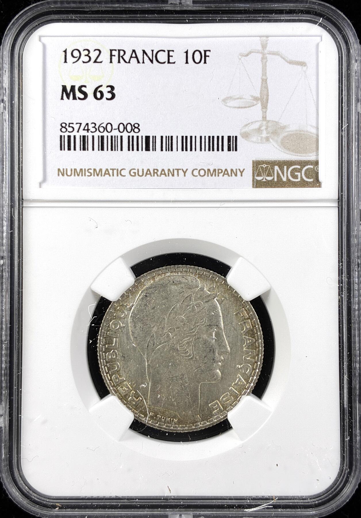 【雨安】【直播拍卖】【第0123期-评级币章】2026-01-10 周六 19:30 [评级法国] France 法国 10法郎 KM#0878 桂冠女神  [10.00 g.,  0.680 Silver] 1932年  NGC-MS63