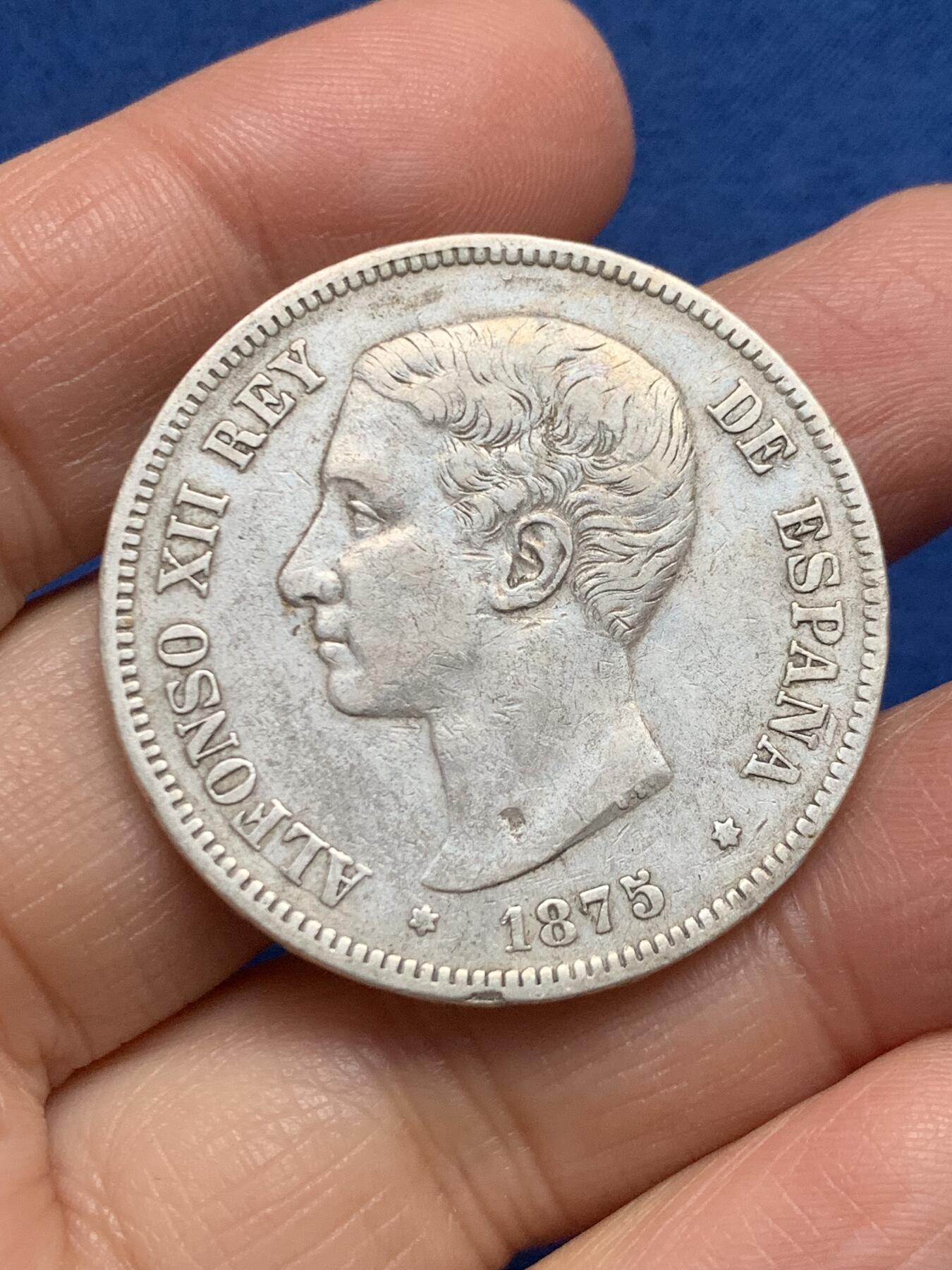 《竞宝斋》第455场 周日，周一 2场连拍 （全场包邮，欢迎送拍） 西班牙1875年阿方索十二世5比塞塔银币