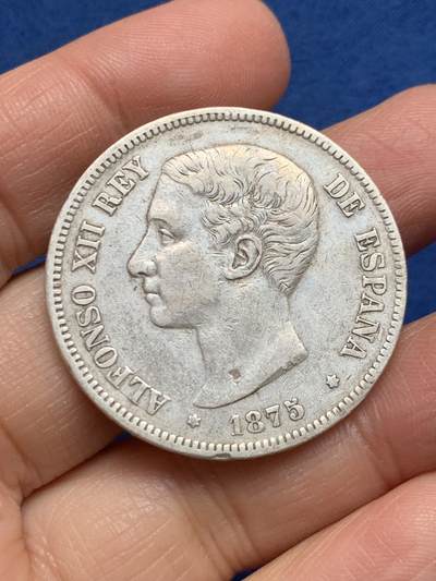 《竞宝斋》第454场 周日，周一 2场连拍 （全场包邮，欢迎送拍） - 西班牙1875年阿方索十二世5比塞塔银币