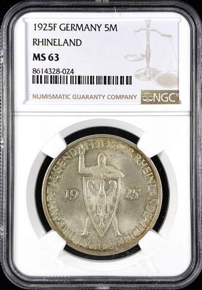 【雨安】【直播拍卖】【第0123期-评级币章】2026-01-10 周六 19:30 - [评级德国] Germany 德国 魏玛 5马克 KM#47 莱茵兰千年 1925年F  NGC-MS63
