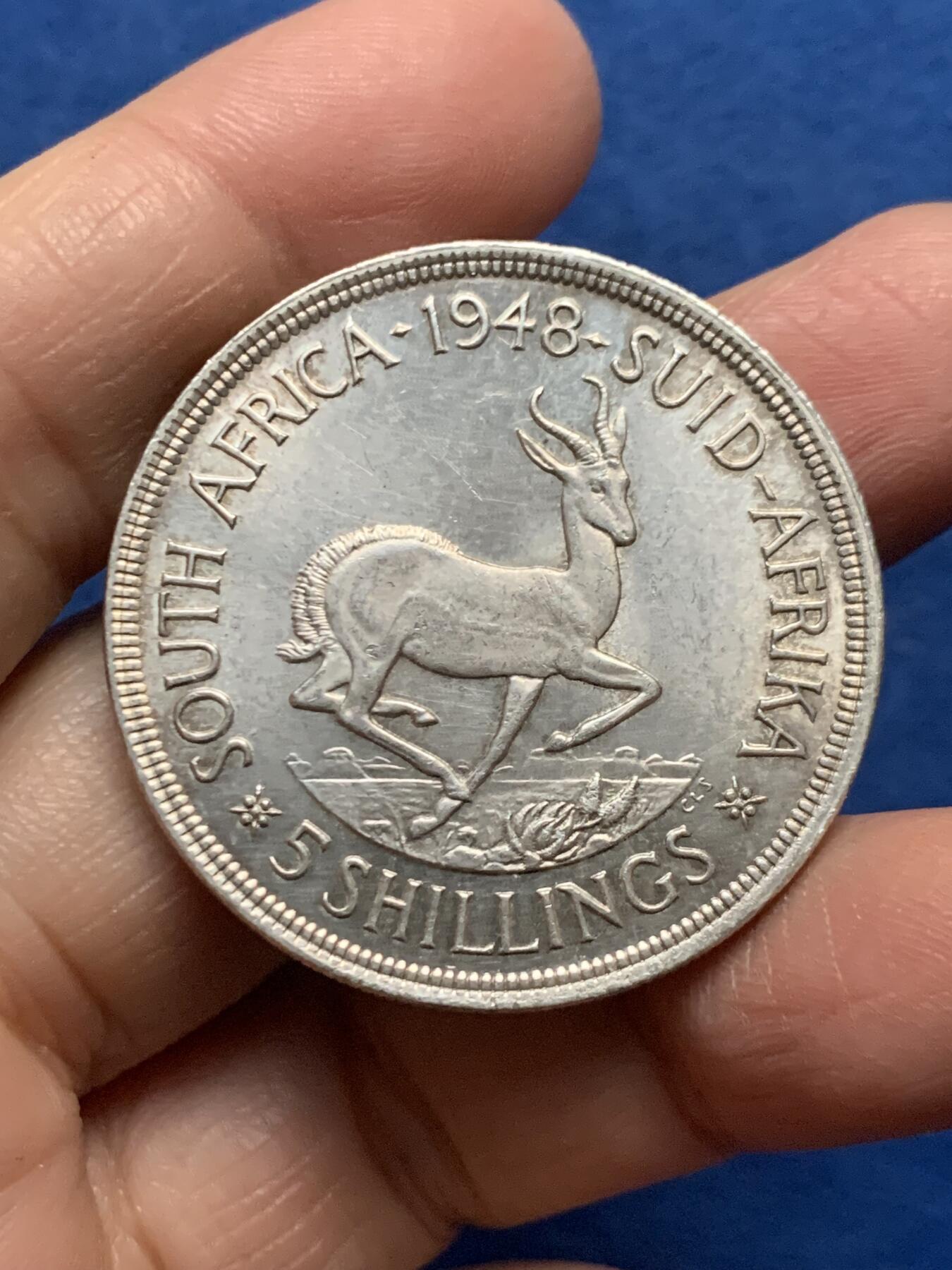 《竞宝斋》第455场 周日，周一 2场连拍 （全场包邮，欢迎送拍） 南非1948年5先令羚羊银币 原光好品