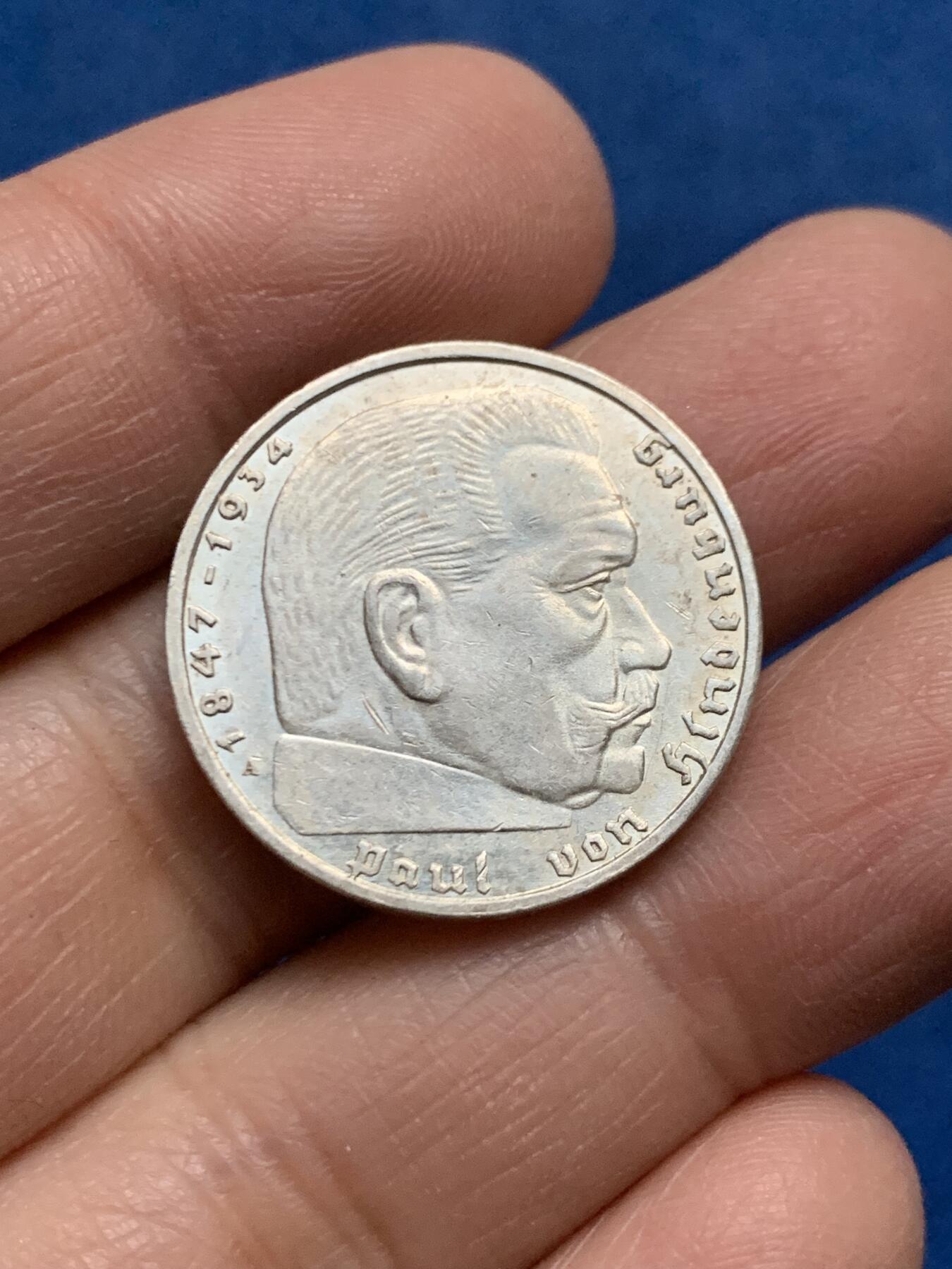 《竞宝斋》第455场 周日，周一 2场连拍 （全场包邮，欢迎送拍） 德国1939年兴登堡2马克银币