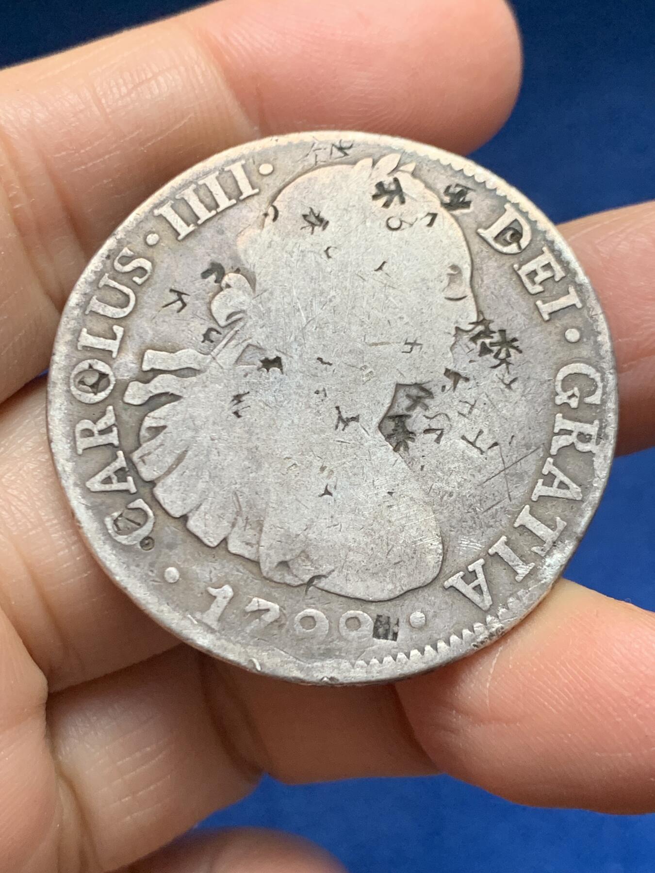 《竞宝斋》第455场 周日，周一 2场连拍 （全场包邮，欢迎送拍） 墨西哥1799年卡洛斯四世双柱银币 磨损稍大