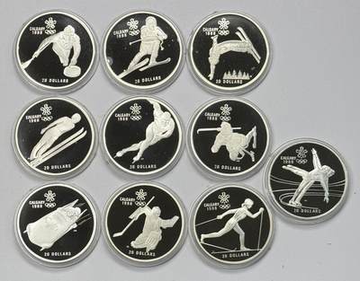 S&S Numismatic世界钱币-拍卖 第118期  - 加拿大1985-1987年 卡尔加里冬奥会 20加元精制纪念银币10枚全套 34.07克925银/枚，品相如图，塑料外壳有磨损