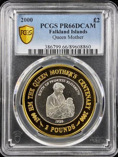 【雨安】【直播拍卖】【第0123期-评级币章】2026-01-10 周六 19:30 - [评级现代] Falkland 福克兰群岛 2镑 2000年 王太后 PCGS-PR66DCAM 精制币