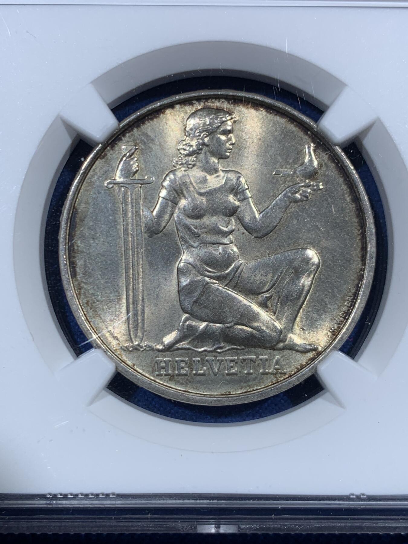 《竞宝斋》第455场 周日，周一 2场连拍 （全场包邮，欢迎送拍） NGC MS63 瑞士 1936B 联邦军备基金 5法郎纪念银币