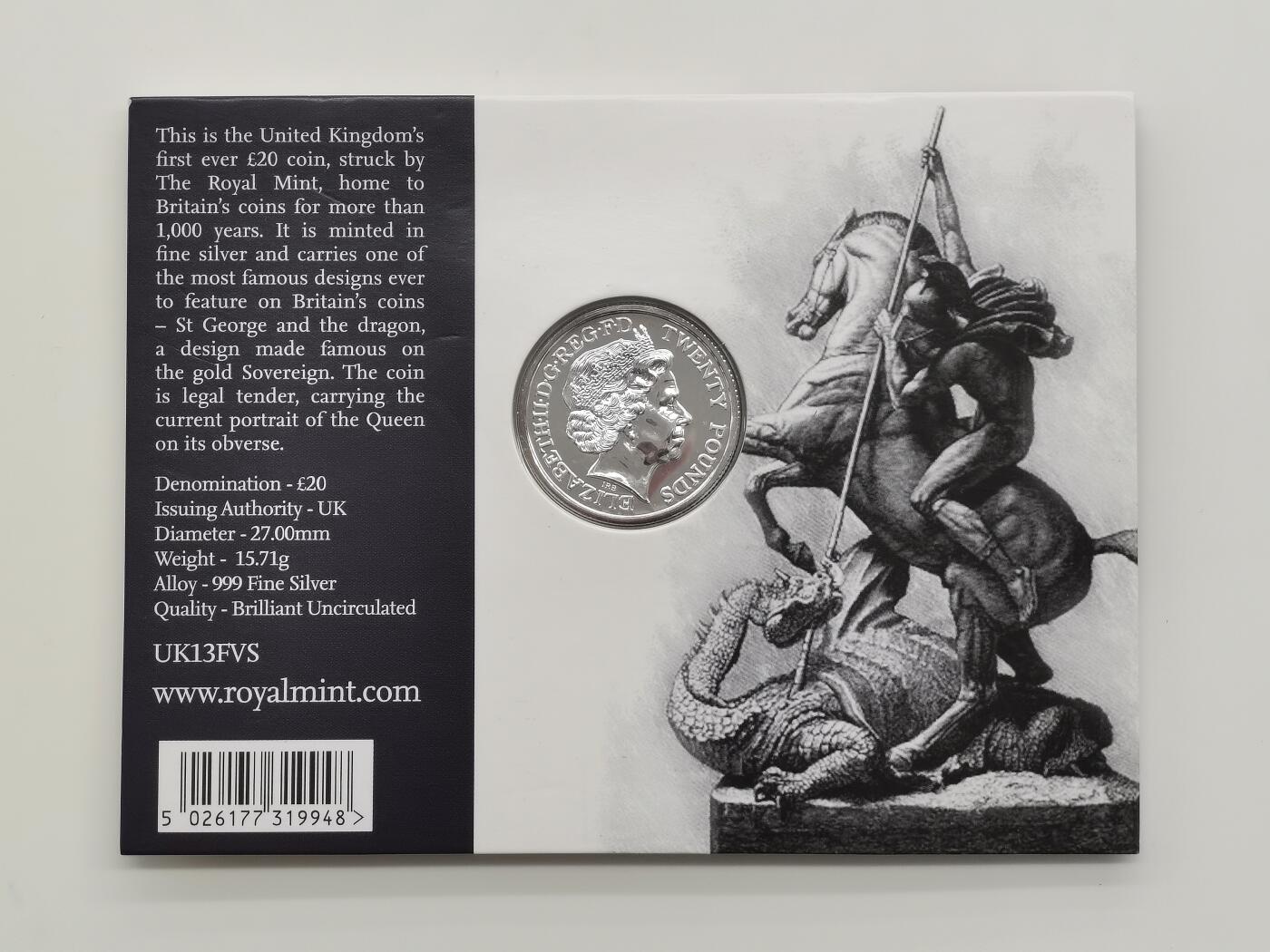 博洋堂世界钱币拍卖第156期（全场包邮） 英国2013年圣乔治屠龙精制20镑纪念银币999银，15.71克