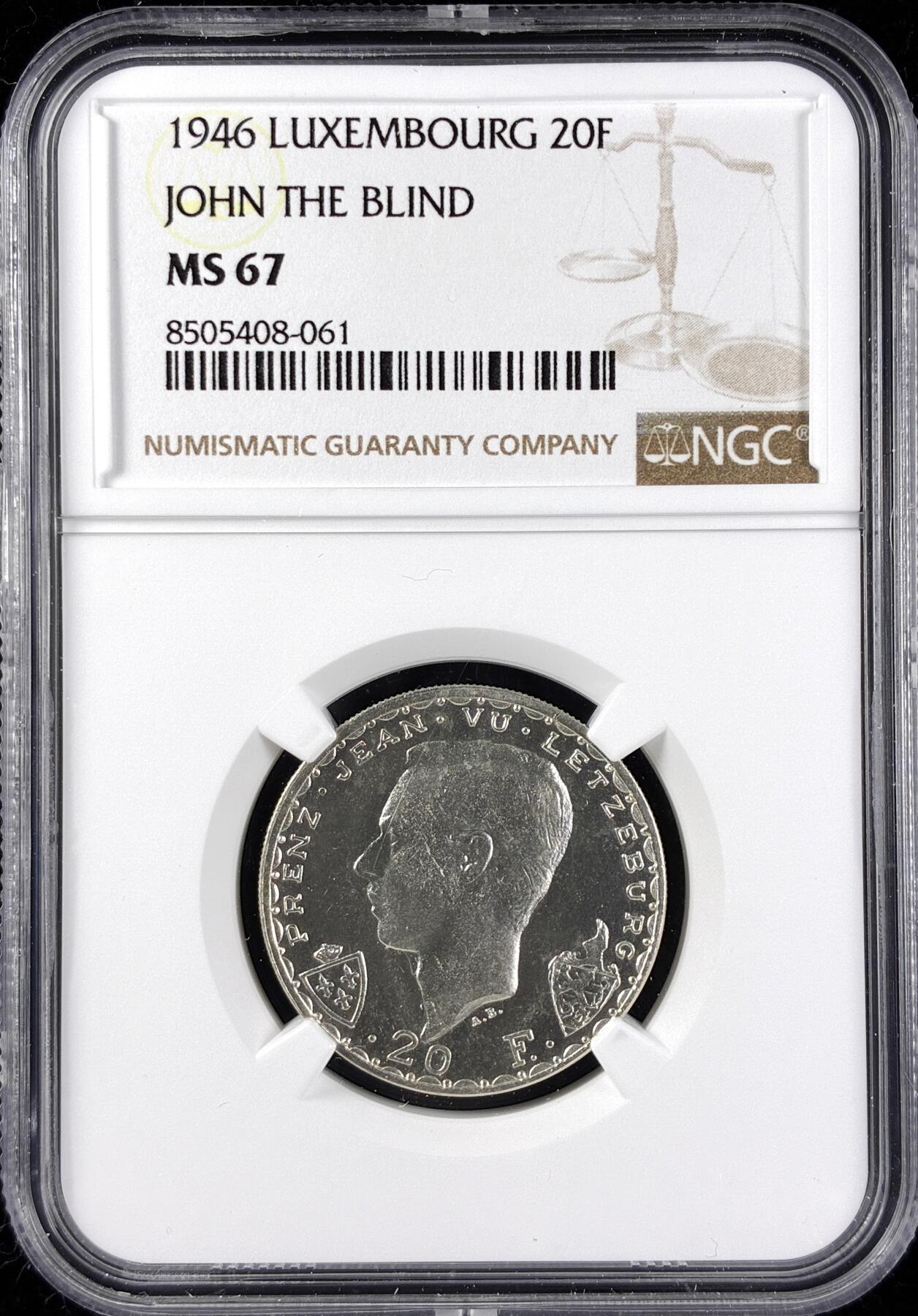 【雨安】【直播拍卖】【第0123期-评级币章】2026-01-10 周六 19:30 [评级欧洲] Luxembourg 卢森堡 20法郎 1946年 约翰大公  NGC-MS67