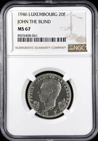 【雨安】【直播拍卖】【第0123期-评级币章】2026-01-10 周六 19:30 - [评级欧洲] Luxembourg 卢森堡 20法郎 1946年 约翰大公  NGC-MS67