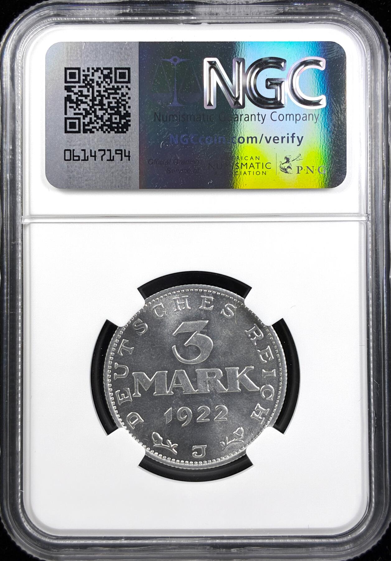 【雨安】【直播拍卖】【第0123期-评级币章】2026-01-10 周六 19:30 [评级德国] Germany 德国 魏玛 3马克 1922年  NGC-MS62