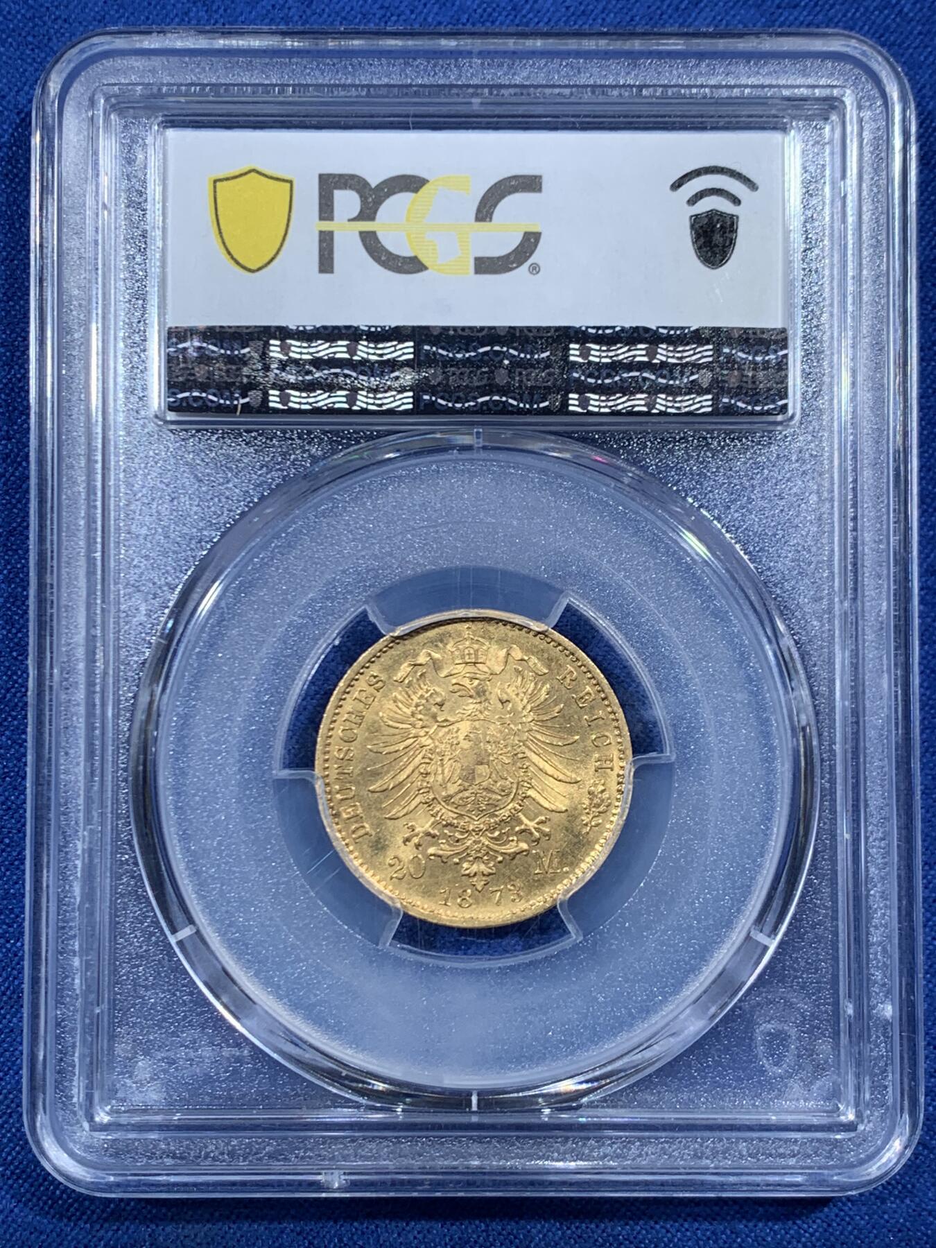 《竞宝斋》第455场 周日，周一 2场连拍 （全场包邮，欢迎送拍） PCGS MS65 德国巴登大公国 1873年20帝国金马克金币 热门的德二短翅鹰 高分极好 1872昆克裸币成交价2.2万
