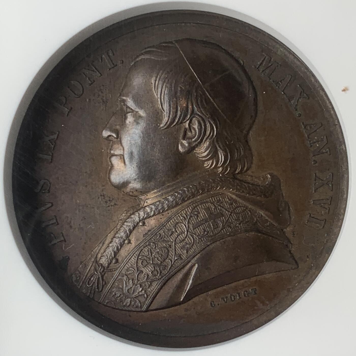 掌中浮雕-藏着的欧洲第048场 NGC MS62 ：教皇国梵蒂冈1861年庇护九世铜质奖章，44mm