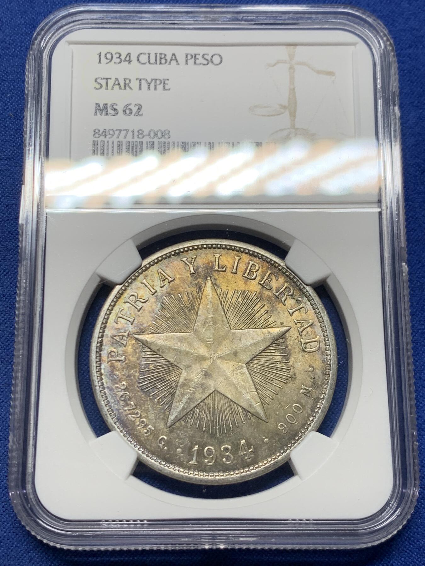 《竞宝斋》第455场 周日，周一 2场连拍 （全场包邮，欢迎送拍） NGC MS62 古巴1934年大五星1比索银币