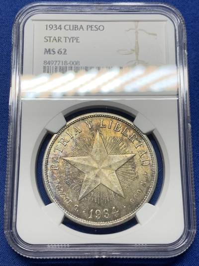《竞宝斋》第455场 周日，周一 2场连拍 （全场包邮，欢迎送拍） - NGC MS62 古巴1934年大五星1比索银币