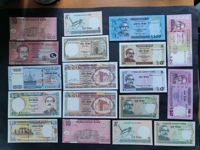 外国纸币专场260110场 - 孟加拉国🇧🇩不同版本年份共18张，UNC品相，其中一张有字迹，一张有针孔。