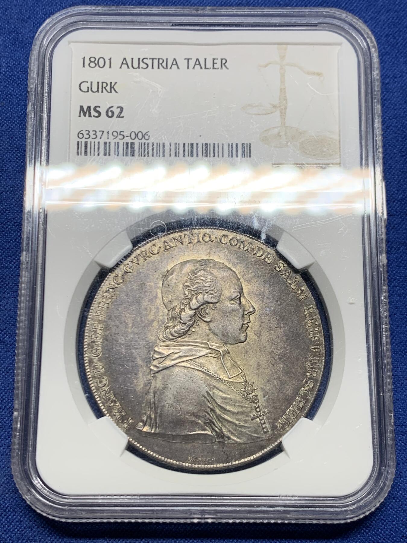 《竞宝斋》第455场 周日，周一 2场连拍 （全场包邮，欢迎送拍） NGC MS62 奥地利 1801年 阿尔卑斯山主教区 1泰勒银币 单年品种 深黑包浆 可藏