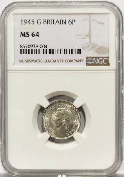 博洋堂世界钱币拍卖第156期（全场包邮） - NGC MS64 英国1945年乔治六世6便士银币