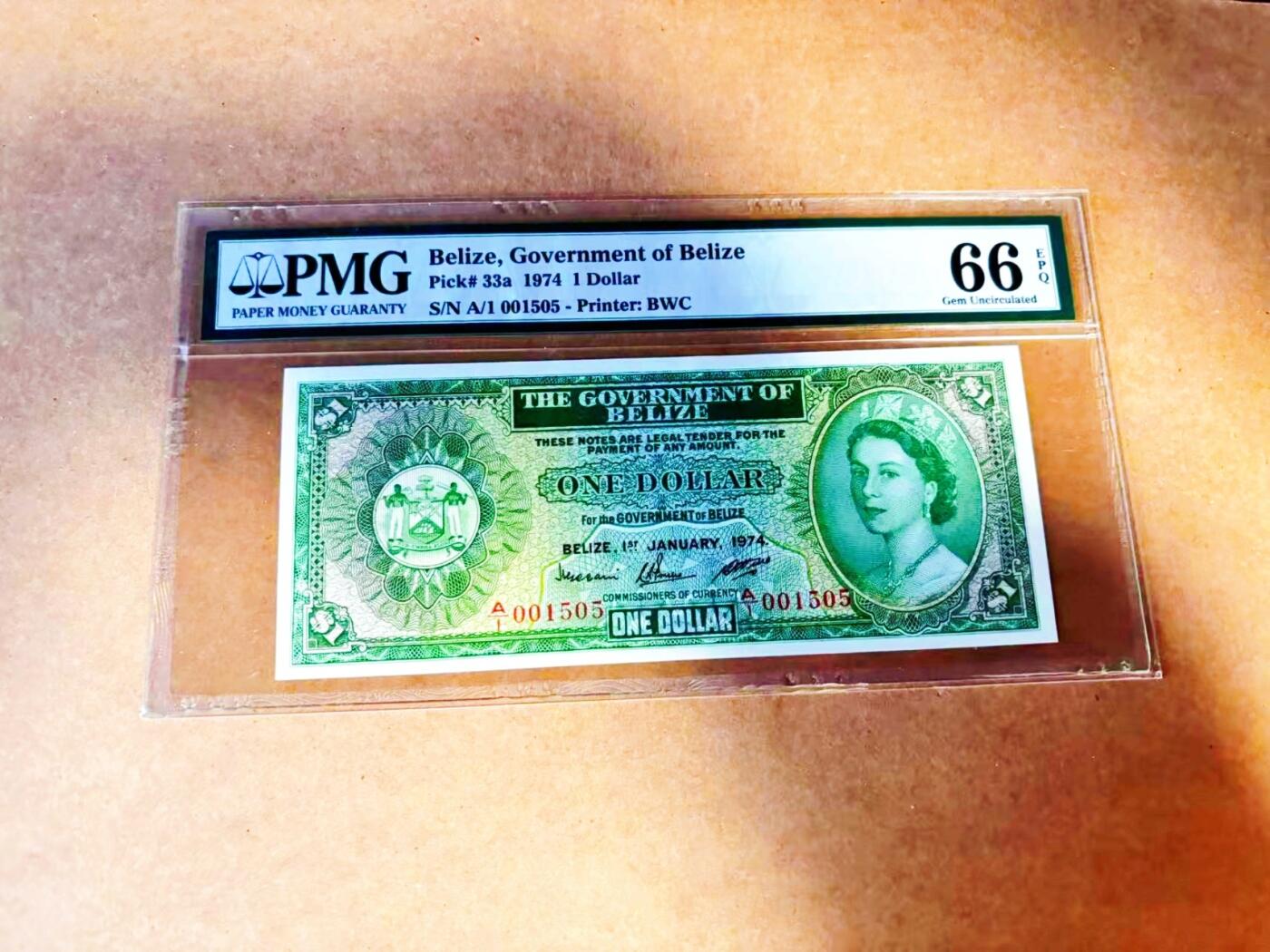 【Blue Auction】世界纸币精拍第772期——18级TOP拍卖/信誉/品质/专业/高效💫 【a版 A/1首发冠 千位小号无47】伯利兹 1974年1元 大冠女王 PMG66EPQ 