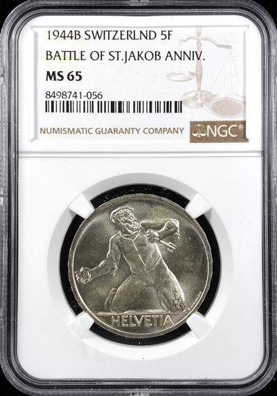 【雨安】【直播拍卖】【第0123期-评级币章】2026-01-10 周六 19:30 - [评级欧洲] Switzerland 瑞士 5法郎 1944年 圣雅各布比尔斯战役 KM# 45  NGC-MS65