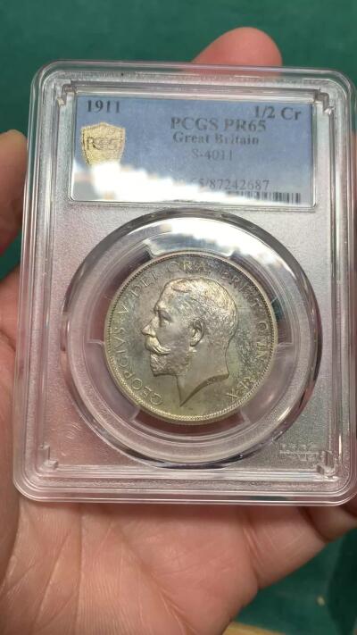《竞宝斋》第455场 周日，周一 2场连拍 （全场包邮，欢迎送拍） PCGS PR65 英国 1911年 乔治五世 精制半克朗银币 登基首年