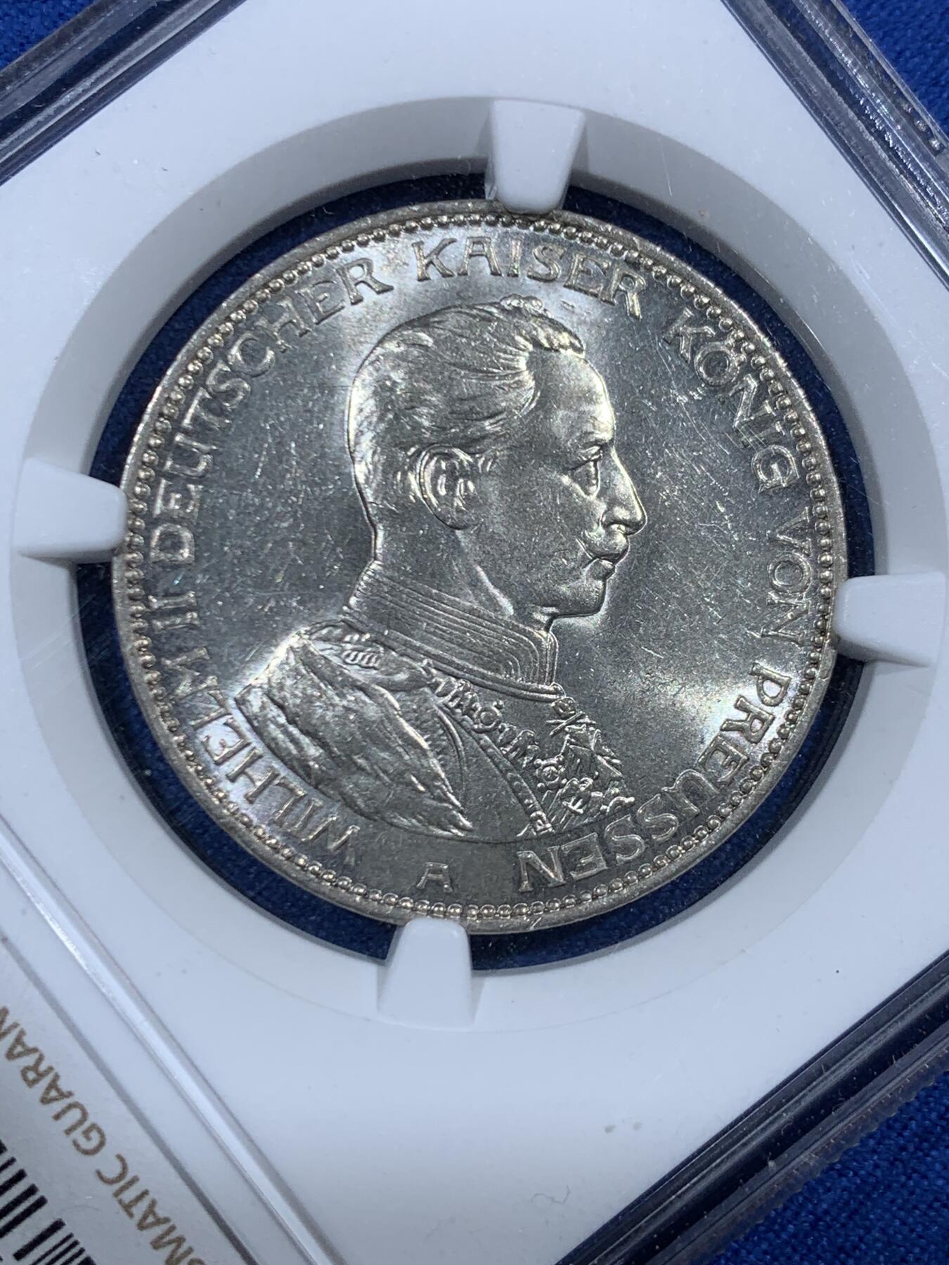 《竞宝斋》第455场 周日，周一 2场连拍 （全场包邮，欢迎送拍） NGC MS63 德国1914年普鲁士威廉二世3马克银币