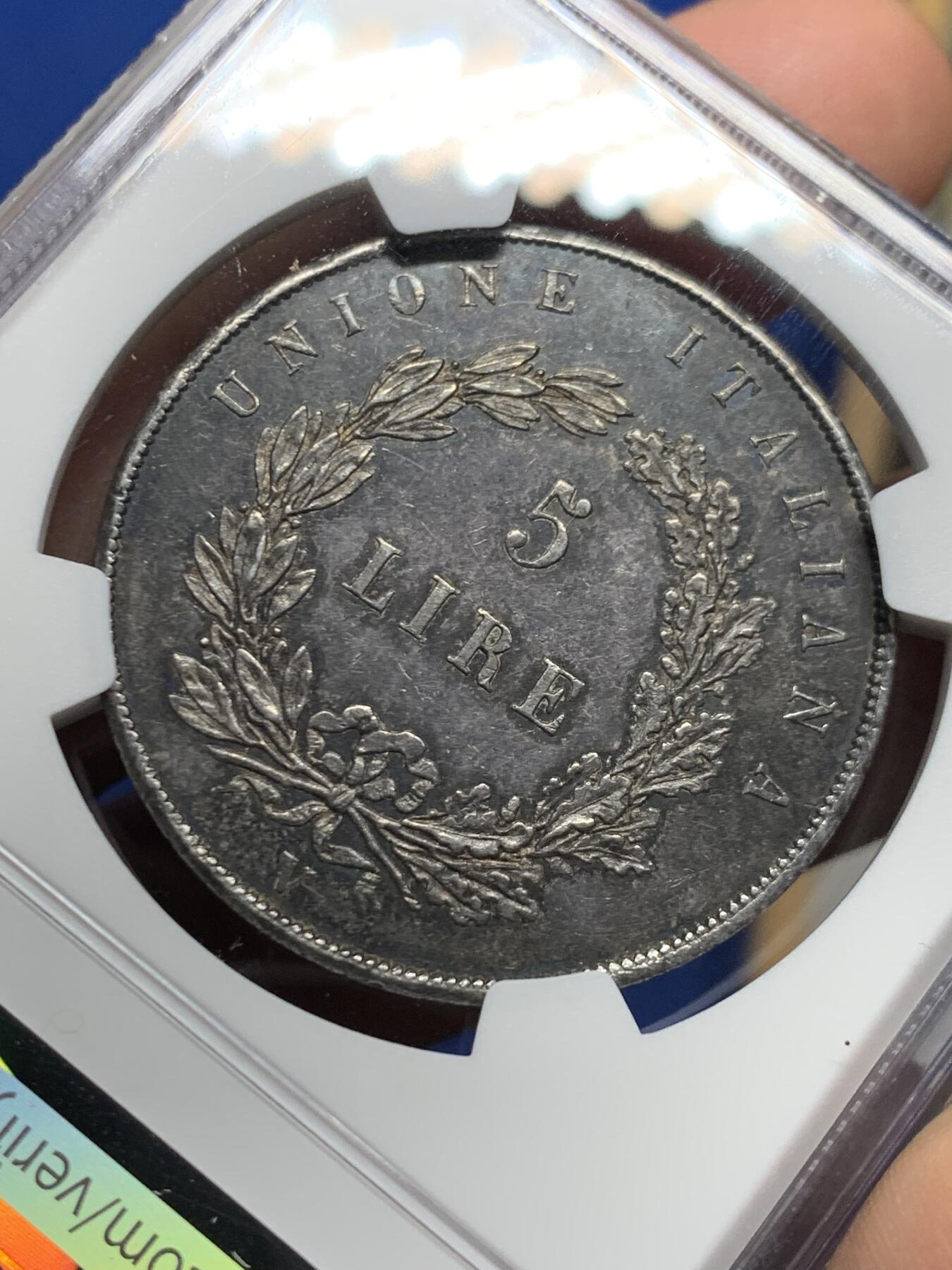 《竞宝斋》第455场 周日，周一 2场连拍 （全场包邮，欢迎送拍） NGC UNC 意大利 1848年 威尼斯革命临时政府飞狮5里拉 大银币 1.1W枚的发行量