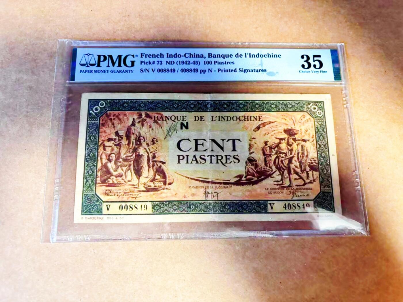 【Blue Auction】世界纸币精拍第772期——18级TOP拍卖/信誉/品质/专业/高效💫 【千位小号 p73】法属印支 1942-45年100皮 PMG35