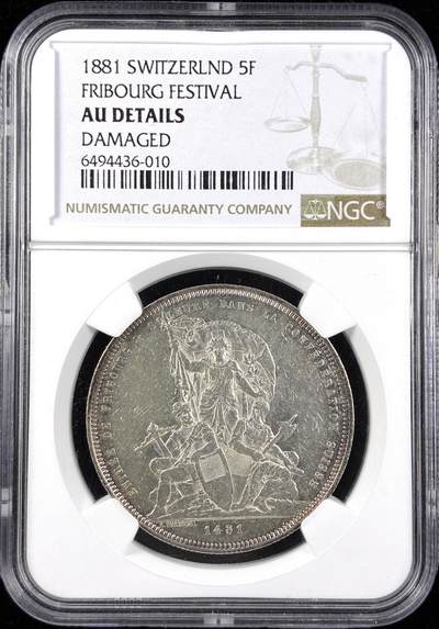 【雨安】【直播拍卖】【第0123期-评级币章】2026-01-10 周六 19:30 - [评级欧洲] Switzerland 瑞士 射击节 5法郎 1881年 X# S15 弗里堡  NGC-AU