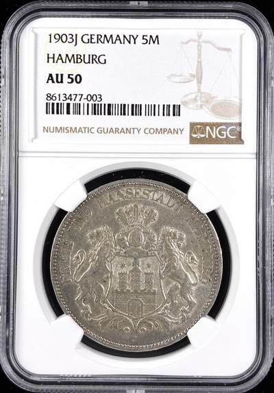 【雨安】【直播拍卖】【第0123期-评级币章】2026-01-10 周六 19:30 - [评级德国] Germany 德国 帝国 汉堡 5马克 长翅 1908年  NGC-AU50