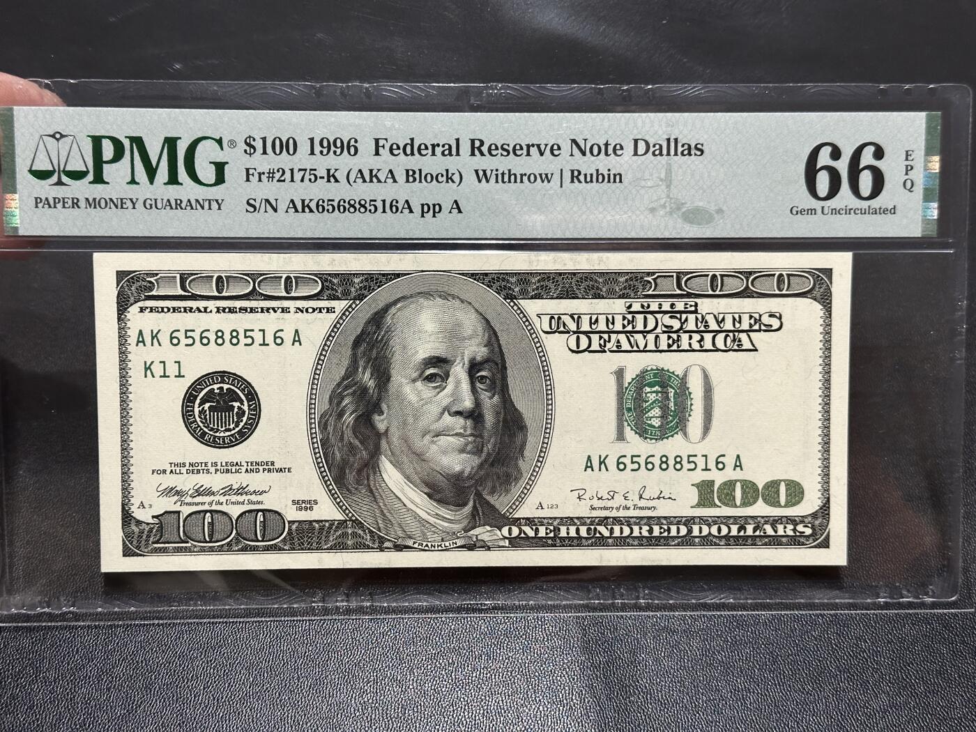 🎉🎉🎉《外钞收藏家》第六百期（年度庆典场）（本平台长期征集拍品、欢迎藏友们联系合作）❤️❤️❤️ 1996年美国大头版100美元 PMG66 无347 首发年