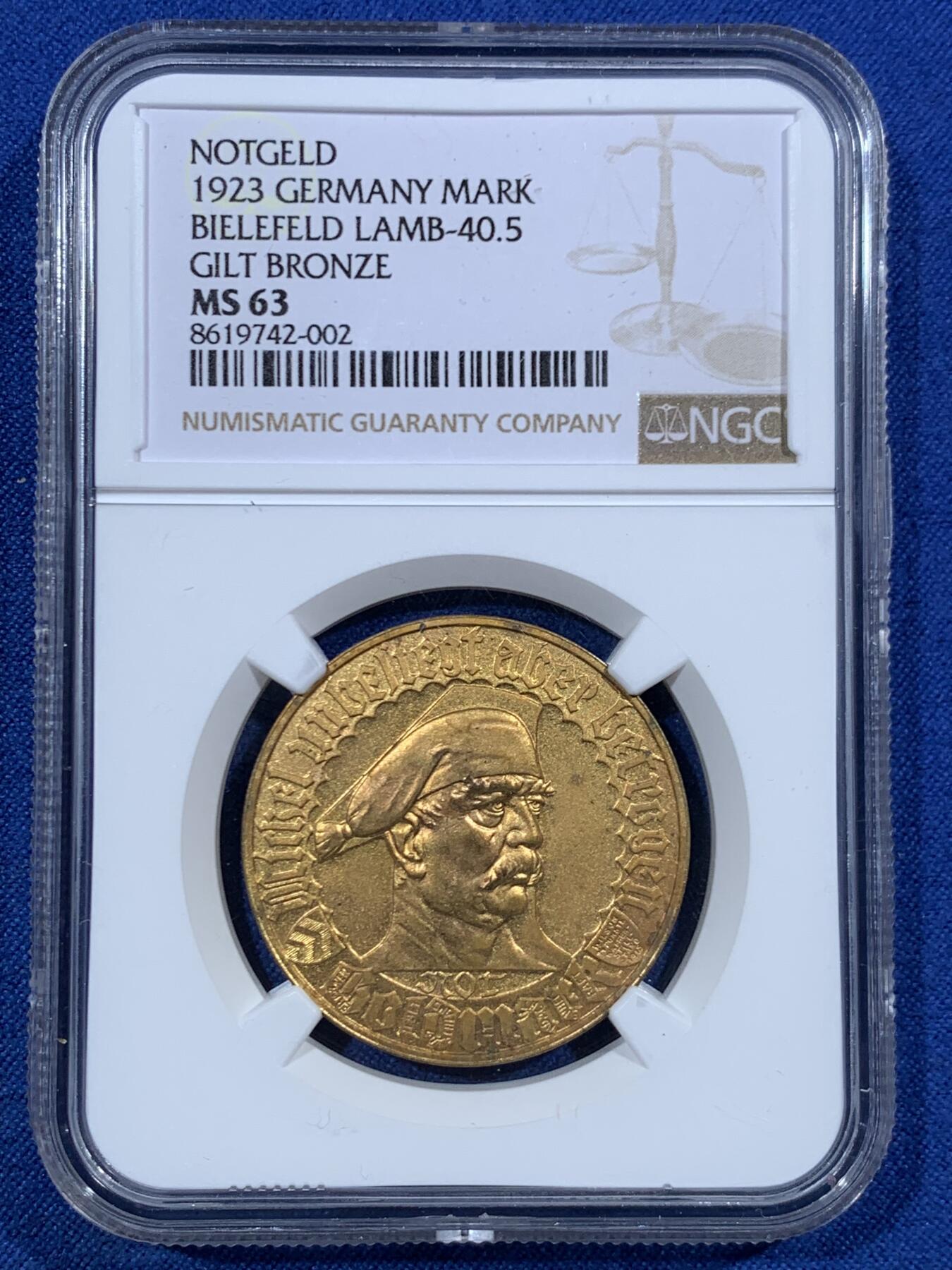 《竞宝斋》第455场 周日，周一 2场连拍 （全场包邮，欢迎送拍） NGC MS63 德国1923年徳紧比勒菲尔德1金马克镀金铜币 等值于世界上最大面值一万亿马克的大马币 德紧时期的经典之作