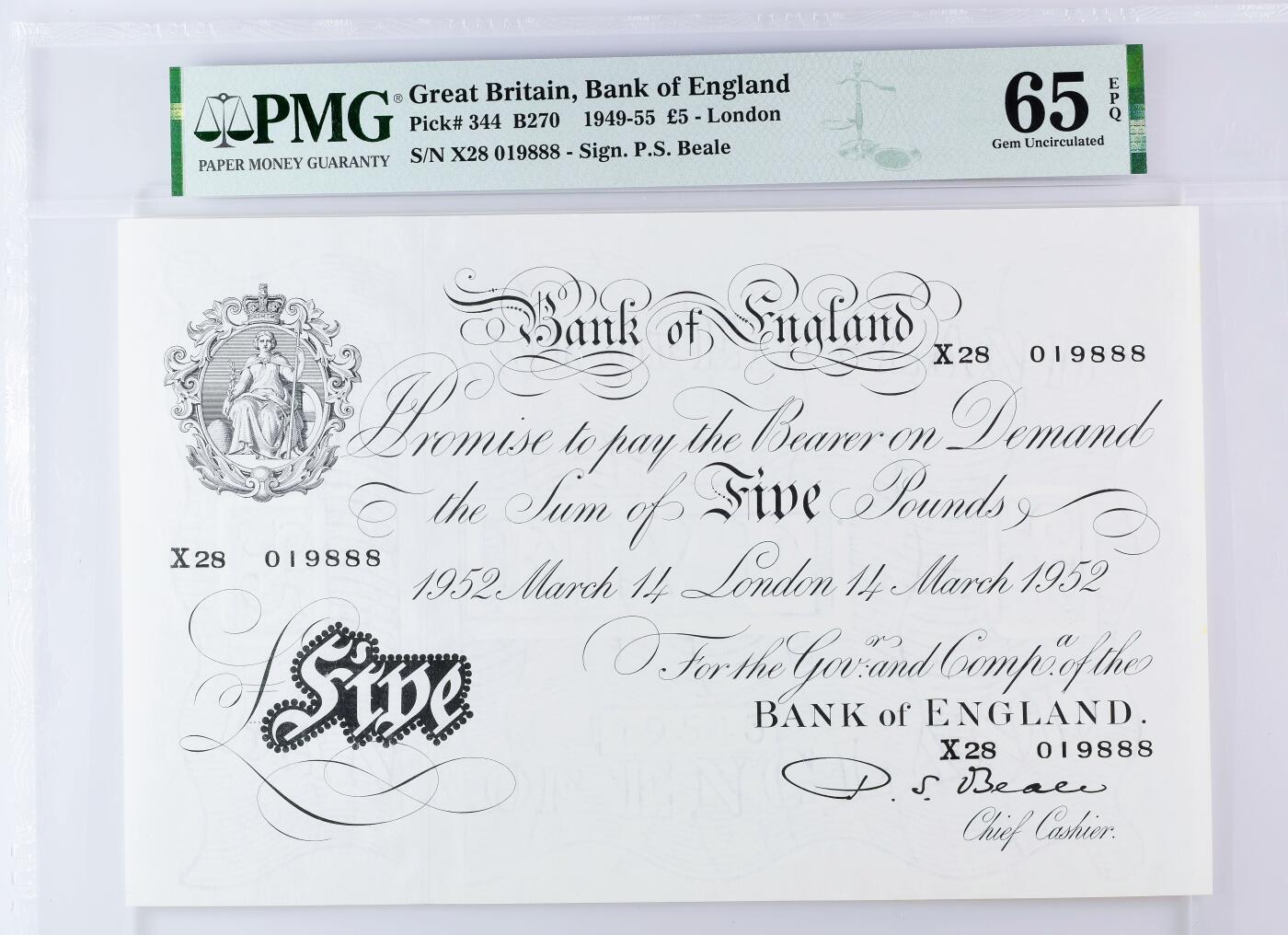【Blue Auction】世界纸币精拍第772期——18级TOP拍卖/信誉/品质/专业/高效💫 【888豹子号 倒置号 可遇不可求 与前面拍品连号】英国 1949-55年5镑 白色英镑 超大票幅 满版水印 PMG65EPQ
