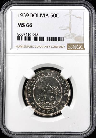 【雨安】【直播拍卖】【第0123期-评级币章】2026-01-10 周六 19:30 - [评级美洲] Bolivia 玻利维亚 50分 1939年  NGC-MS66