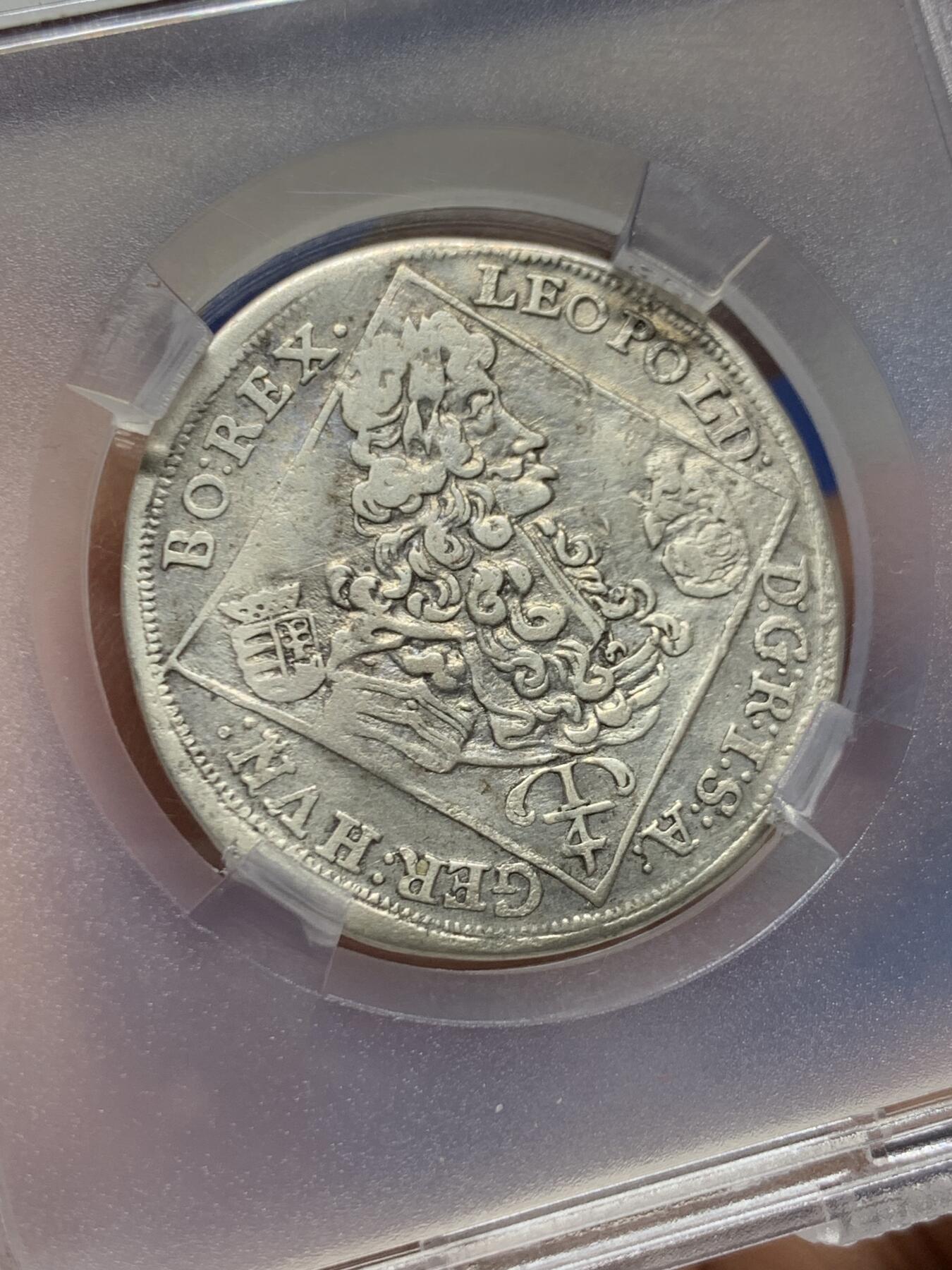 《竞宝斋》第455场 周日，周一 2场连拍 （全场包邮，欢迎送拍） TQG VF30 神圣罗马帝国 1704年 1/4泰勒 银币 利奥波德一世在位时期发行 匈牙利造币厂打制 细节不错 稀少品种