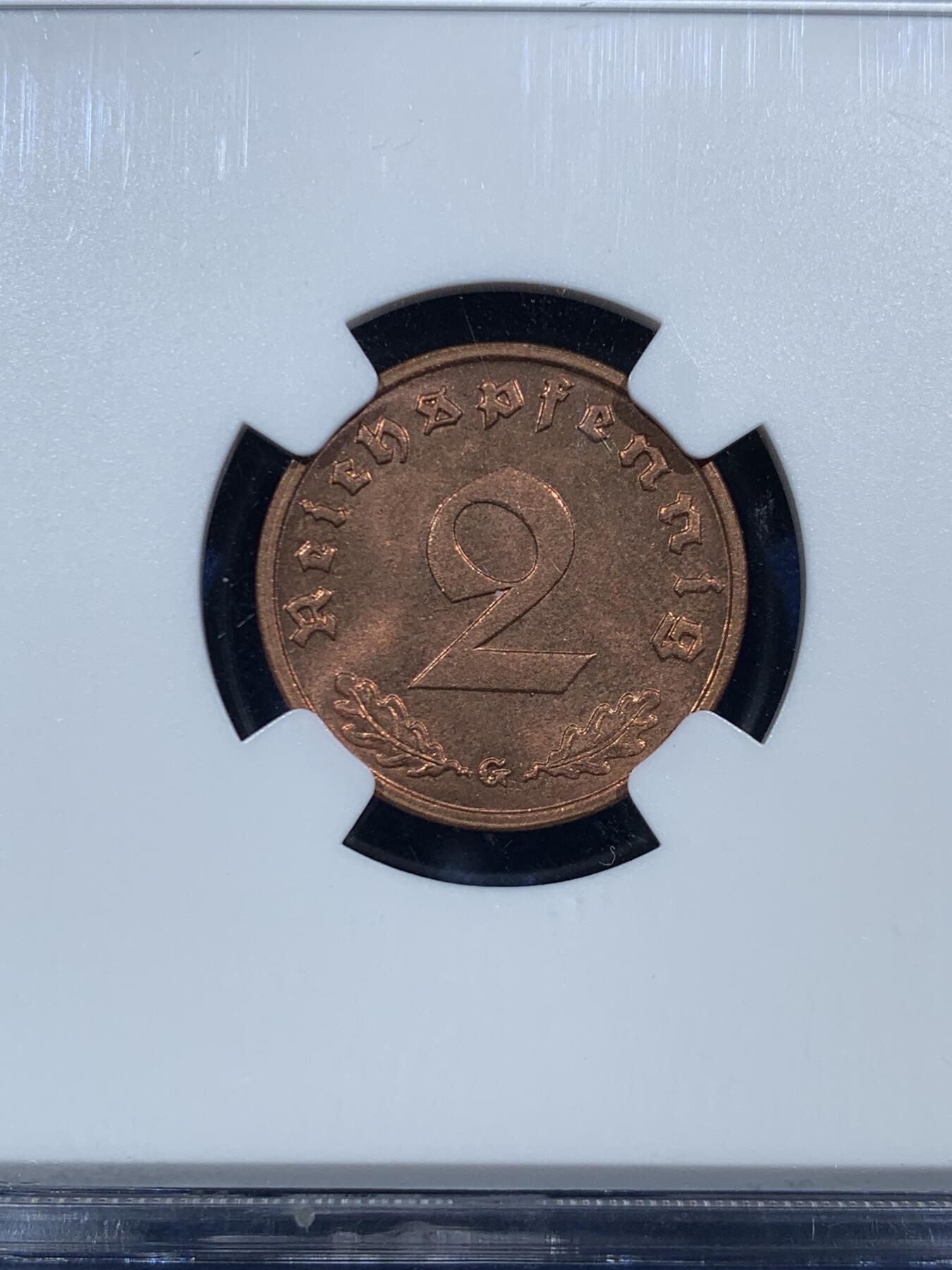 《竞宝斋》第455场 周日，周一 2场连拍 （全场包邮，欢迎送拍） NGC MS65RB 德国 1939G 2芬尼 亚军分 更高分仅一枚